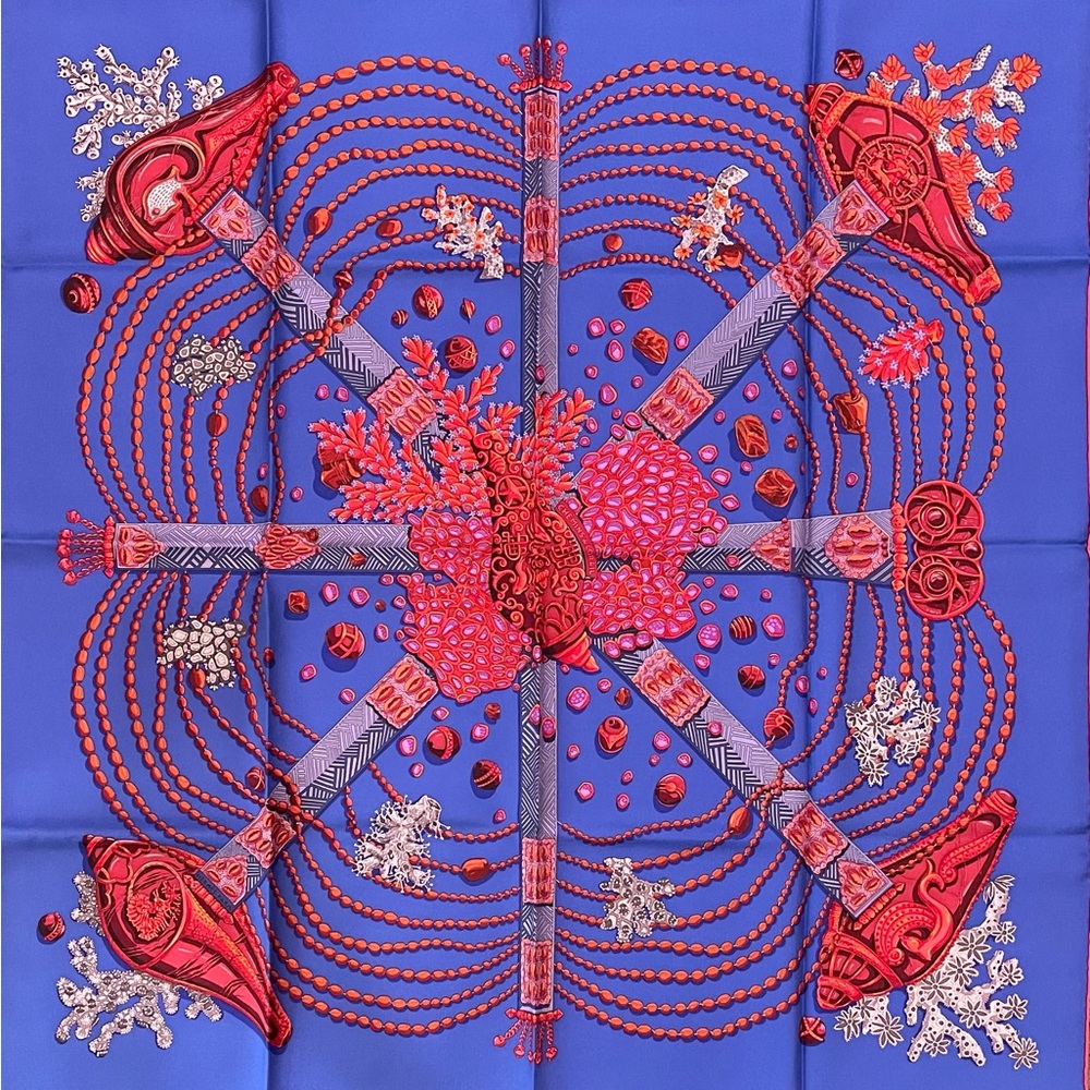 Hermes Blue and Red Silk Scarf NEW WITH BOX! Chemins de Corail Paris, France